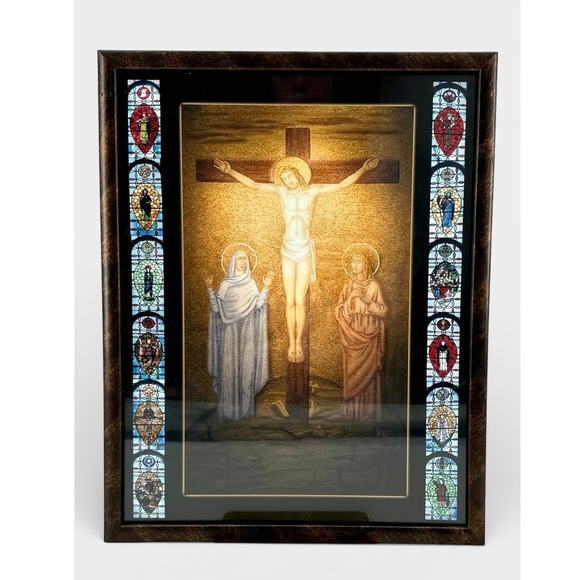 Vintage Framed Crucifixion Picture Print Catholic Mary John Saints 15x12 - Picture 2 of 6